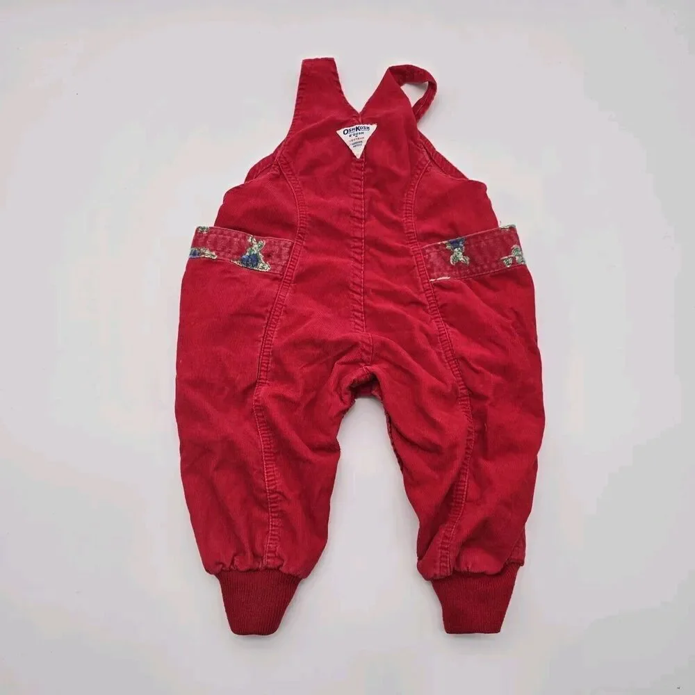 OshKosh Overalls Red Corduroy Baby 24 Months Bear Plaid Snap Button Vintage Rare